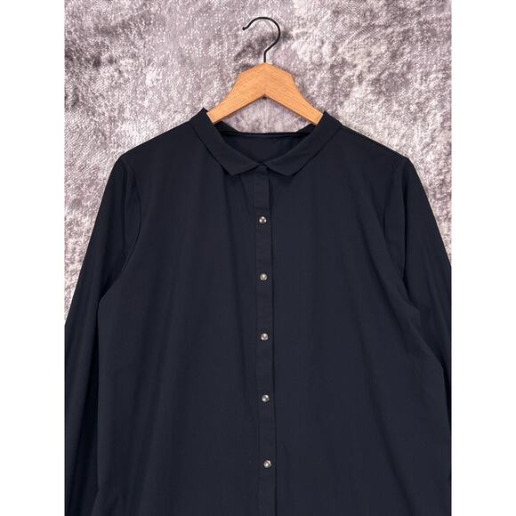 ADAY Shirt Dress Large Womens Black Collared Snap Front Tech Fabric Long Sleeve - Picture 2 of 7